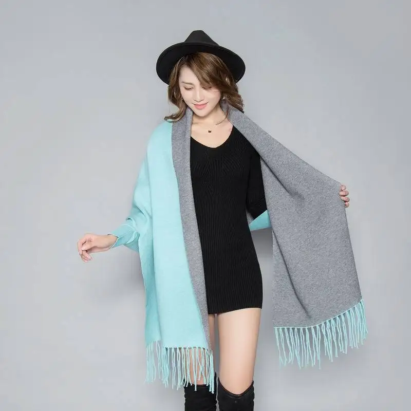 

New Arrival Sky Blue/Gray Women's Cashmere Reversible Poncho Zizith Solid color Pashmina With Bat Sleeve Shawl Scarf QM07