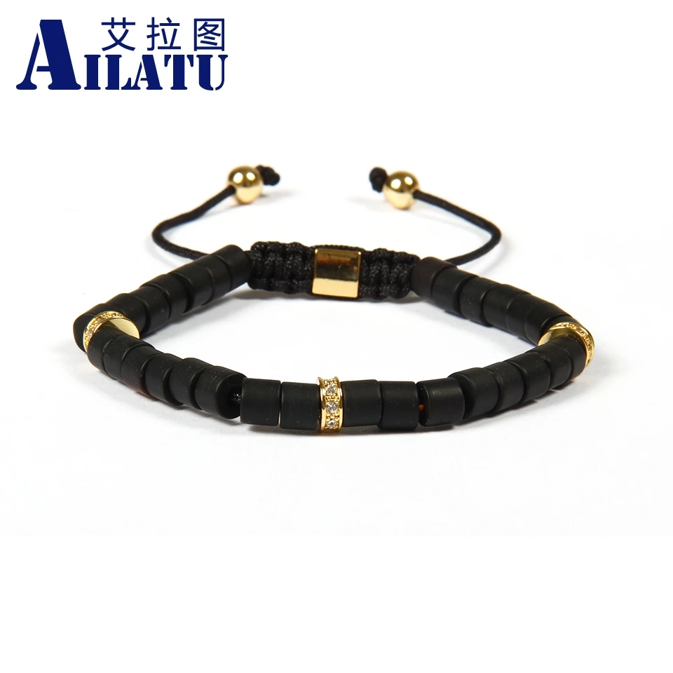 

Ailatu Fashion Jewelry Wholesale 10pcs/lot 6mm Matte Onyx Stone Cylinder Beads with Clear cz Spacer Macrame Bracelet