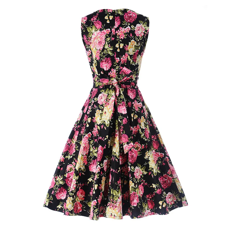 Kostlish Print Summer Dress Women 2017 Sleeveless Big Swing Belt Tunic Vintage Dress Elegant Rockabilly Party Dresses Sundress (8)