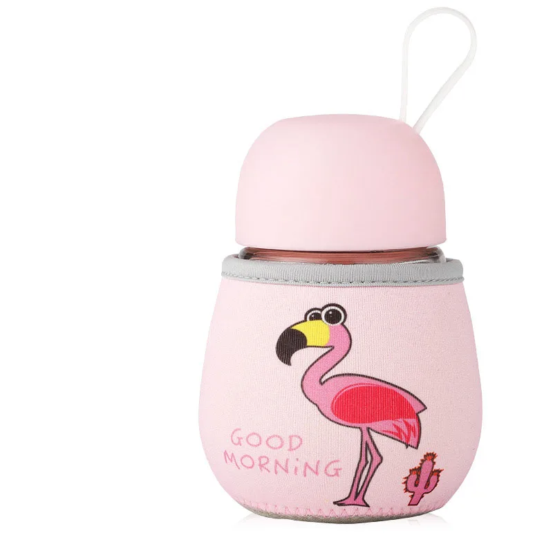 320 мл креативная мультяшная Фламинго стеклянная бутылка для воды Студенческая уличная столовая бутылка с изоляционной тканевой крышкой Детский подарок - Цвет: Flamingos pink