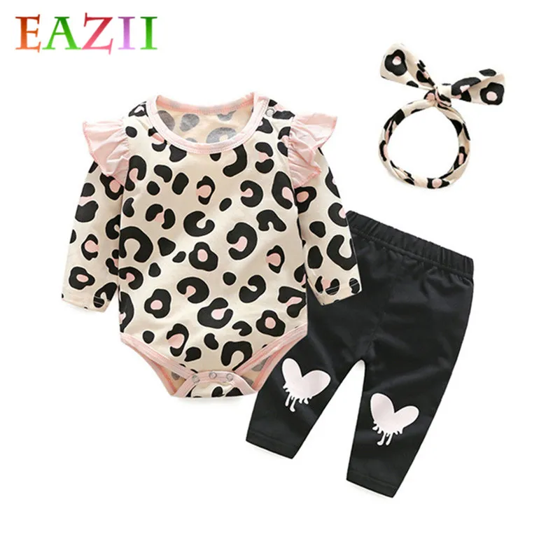 

EAZII Baby Girl Clothing Sets Sweet Spring Autumn Clothes Infant Clothing Leopard Print Rompers Headband Pants 3PCS Outfits Set