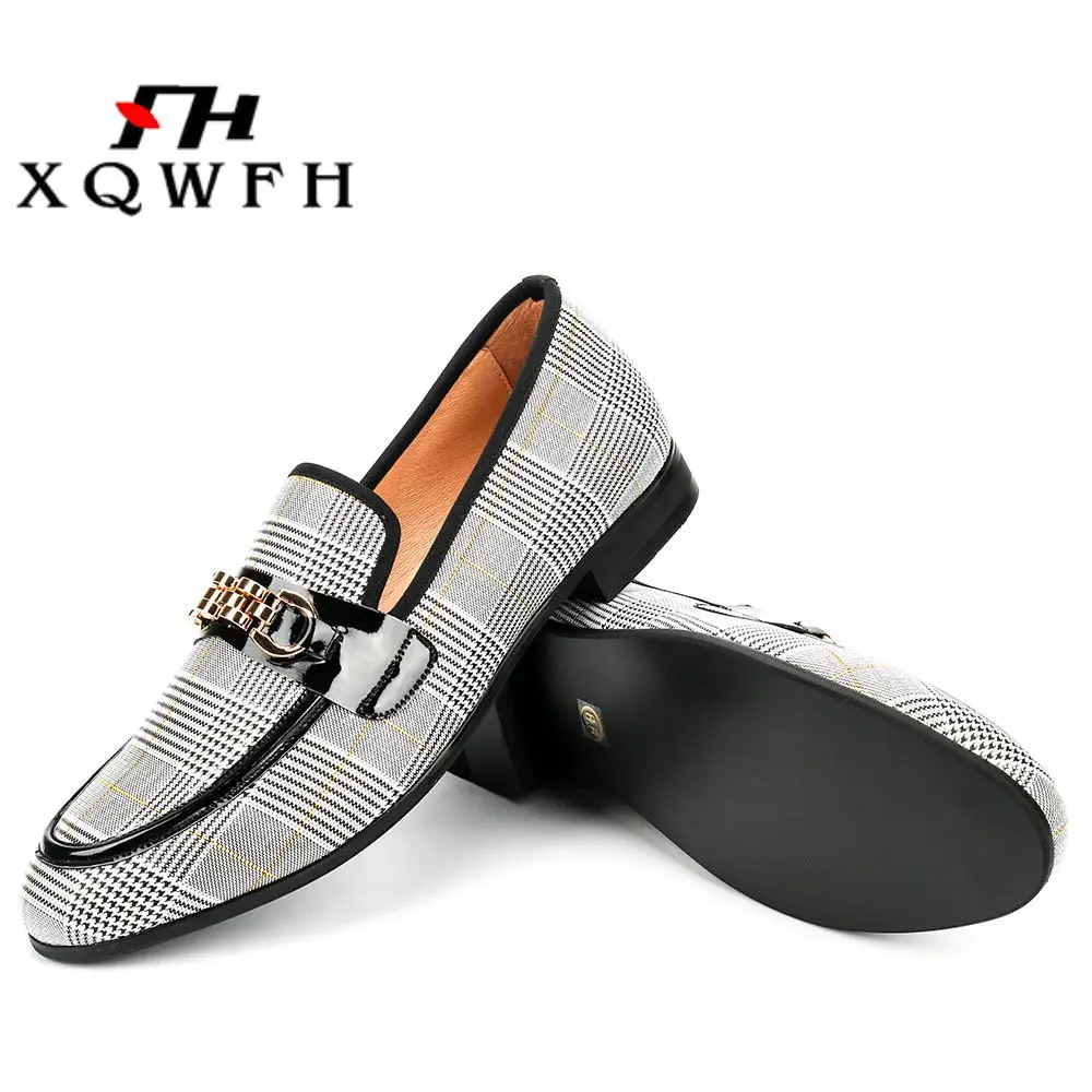 New Style Grid Printed Leather Men Shoes Gold Chain Buckle Fashion Slip On Dress Shoes Luxury Brand Men Business Shoes New Style Grid Printed Leather Men Shoes Gold Chain Buckle Fashion Slip On Dress Shoes Luxury Brand Men Business Shoes