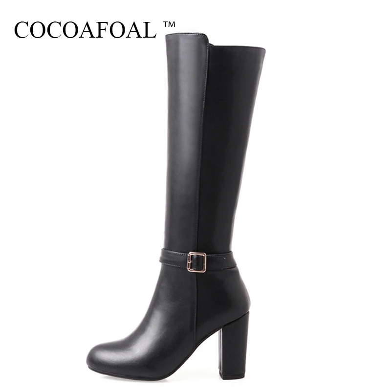 

COCOAFOAL Women Autumn Winter Zipper Knee High Boots Genuine Leather Black High Heeled Shoes Fashion Round Toe Knee High Boots