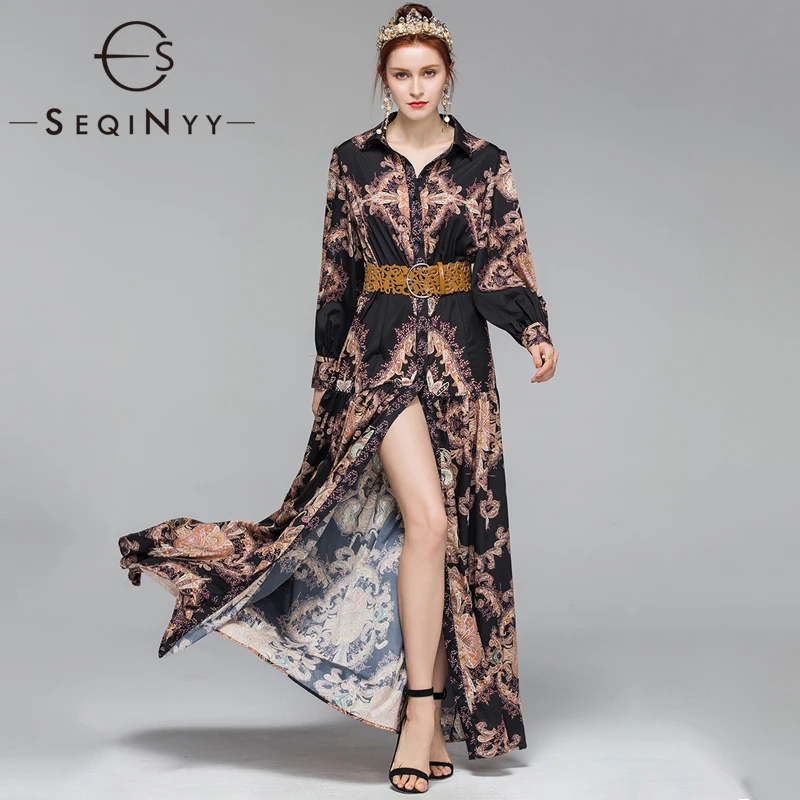 

SEQINYY Vintage Dress Orange Flowers Printed 2019 Summer Spring New Fashion Design Long Sleeve Split Maxi Dress Hollow Belt
