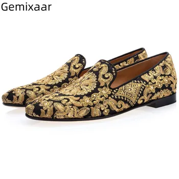 

Gold Embroide Men Shoes Round Toe Slip On Flat Heel Party Shoes Luxury Gold Color Comfy Insole Loafers Man Shoes 39-46