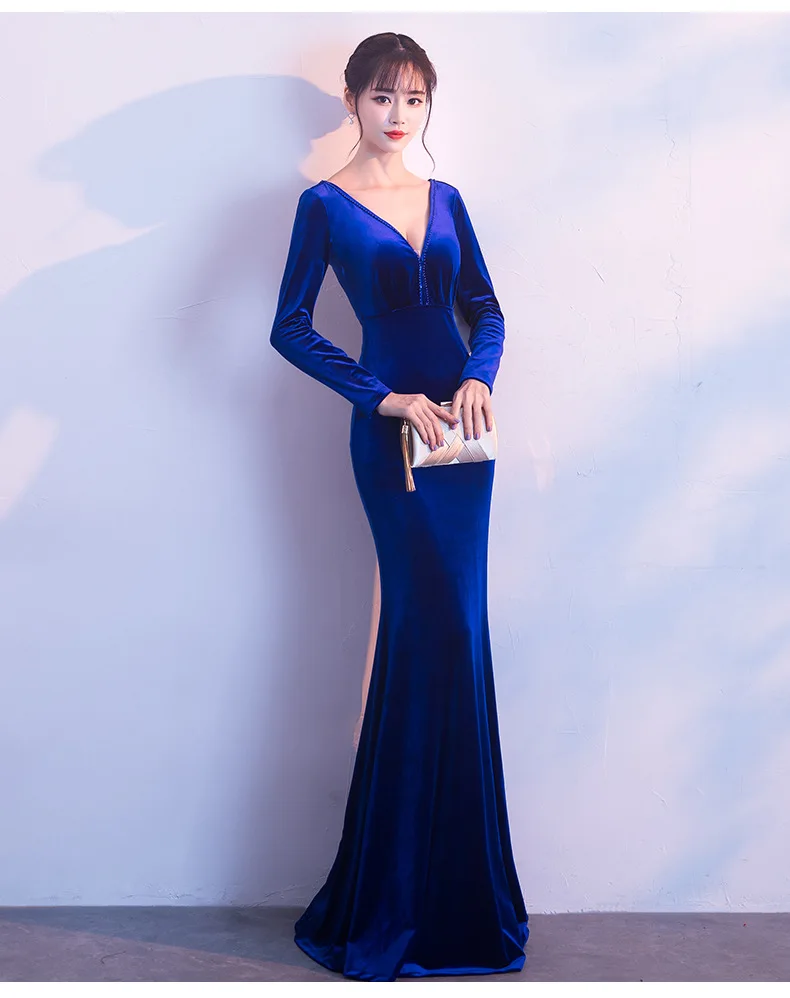 2019 Party Dress Women Elegant Long Sleeve Sequin Beads Backless Robe Vintage Black Velvet Bodycon Dress Evening Maxi Vestido (15)