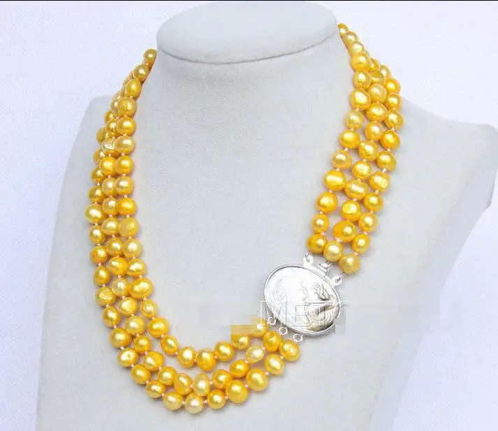 

Free Shipping >>16"-18" 3row 9mm golden pearls necklace seashell clasp E2738