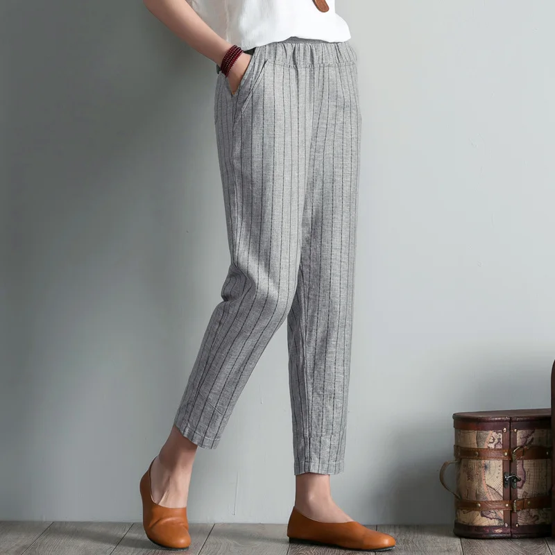 Spring Summer Women Striped Elastic Waist Pants Plus Size 4XL High Waist Casual Harem Pants Ankle-length Boho Trousers Pockets Spring Summer Women Striped Elastic Waist Pants Plus Size 4XL High Waist Casual Harem Pants Ankle-length Boho Trousers Pockets