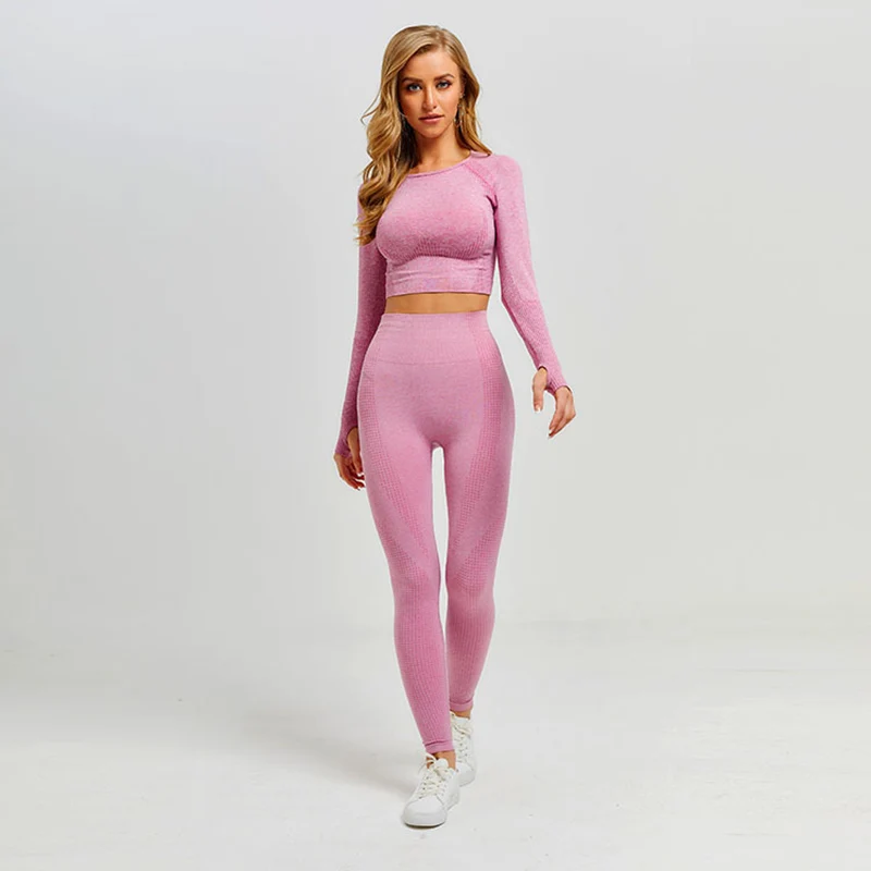 Long Sleeve Yoga Set Women Sports Wear Vital Seamless Crop Top+Fitness Leggings Tracksuit Female Running Workout Clothes