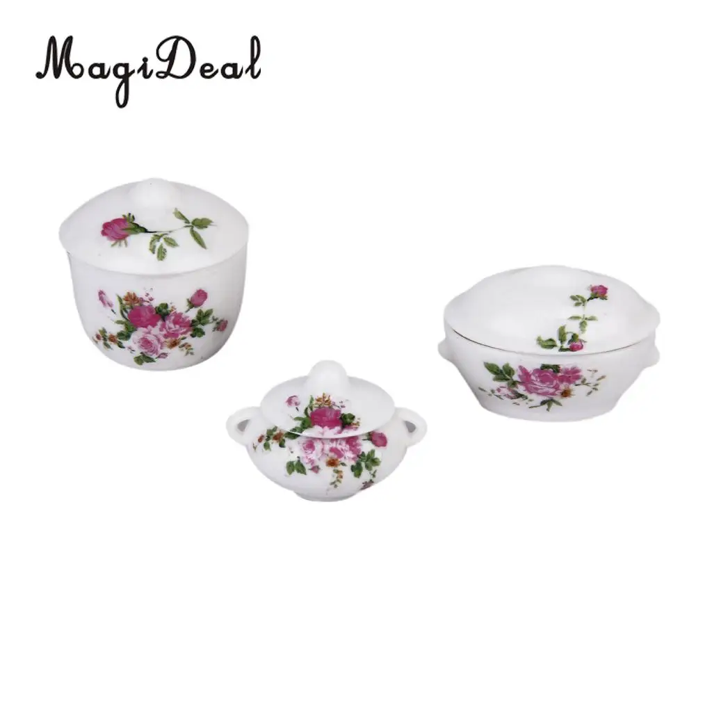 MagiDeal 3Pcs Doll House Kitchen Miniature Casserole Pot Bowl Lid with Floral Pattern for Interior Room Model Kids Role Play