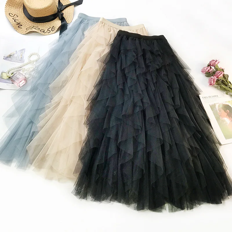 Модная гофрированная юбка с высокой талией романтическая Красивая Женская длинная 2019 новая газовая юбка трапециевидной формы натуральная