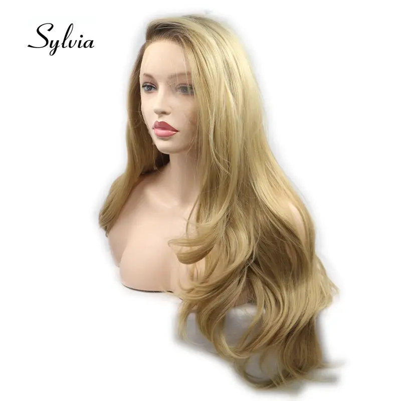 

Sylvia Long Mixed Blonde Wigs Body Wave Hair For Women Synthetic Lace Front Wig With Brown Roots Side Part Heat Resisant Fiber