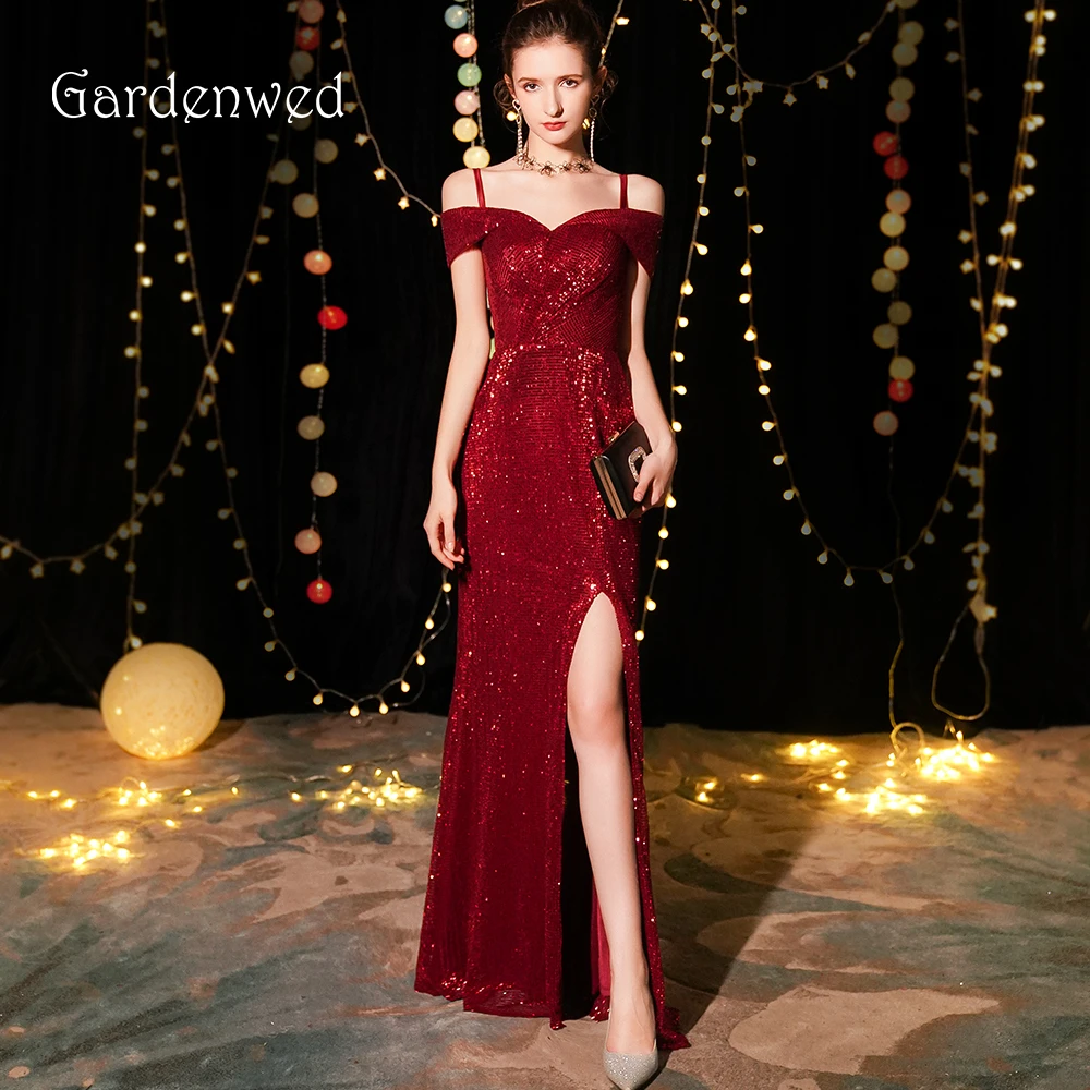 

Gardenwed Dark Red Mermaid Formal Evening Dresses 2019 Long Slit Sequin Burgundy Off Shoulder Evening Gowns Lace-Up Prom Dress