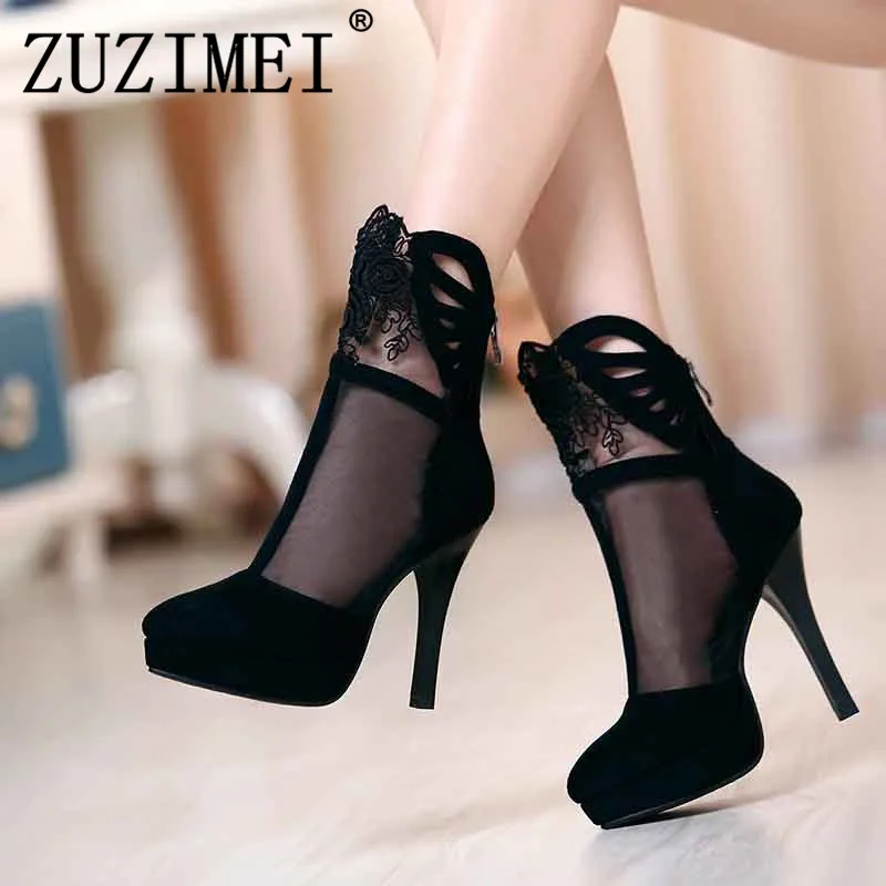 

2019 New Network Pumps Female Single Cool Spring And Summer Shoes Hollow Short Boots Stiletto Heels Sexy Lace Boots Women Shoes