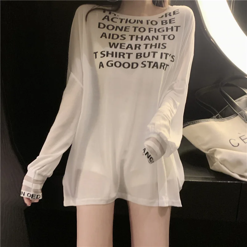 

Korean Clothes Oversize T-shirts Print Letter White Streetwear Loose Streetwear Woman Tshirt Sexy Thin Casual Women T Shirt