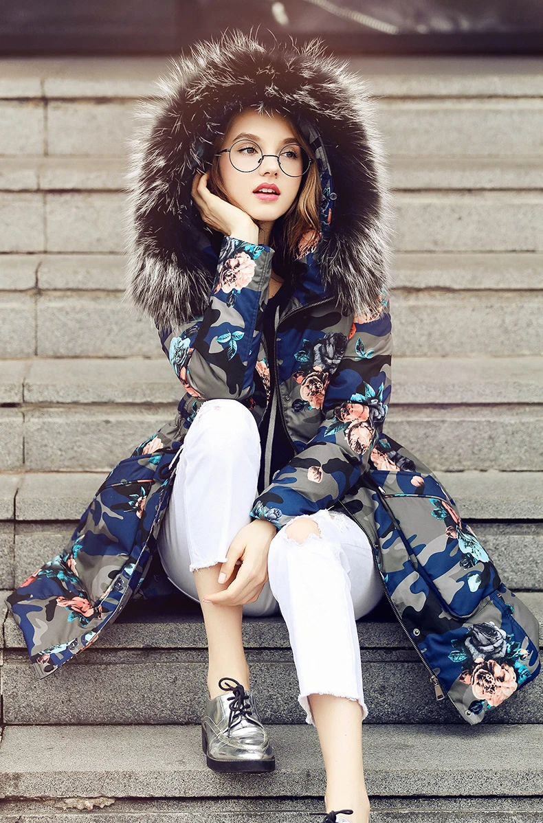 

Women ukraine Large fur collar down coat jacket female winter 2017 puffer parkas with real fur hoodie flower flora printed xl