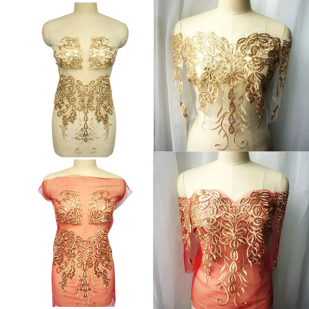 

Gold Sequins White Red Mesh Embroidered Wedding Gown Appliques Lace Trims Fabric Mesh Sewing Patch For Dress DIY Decoration