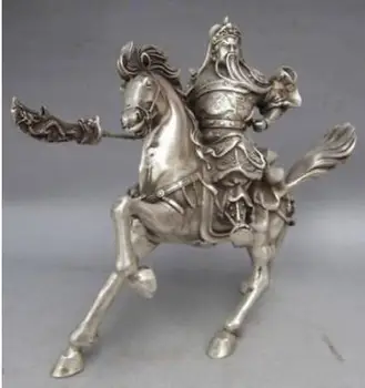 

CHINESE COLLECTABLE SILVER COPPER WARRIOR GOD GUAN YU & HORSE STATUE ZRF