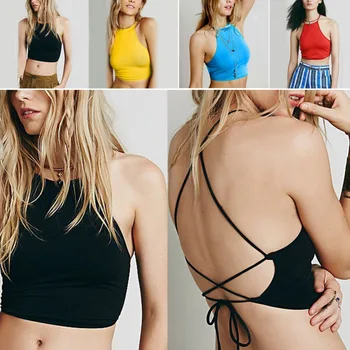 Summer Backless Cami Halter Crop Top Women Sexy Bustier Bralette Vest Cami Bra frill trim smock crop cami