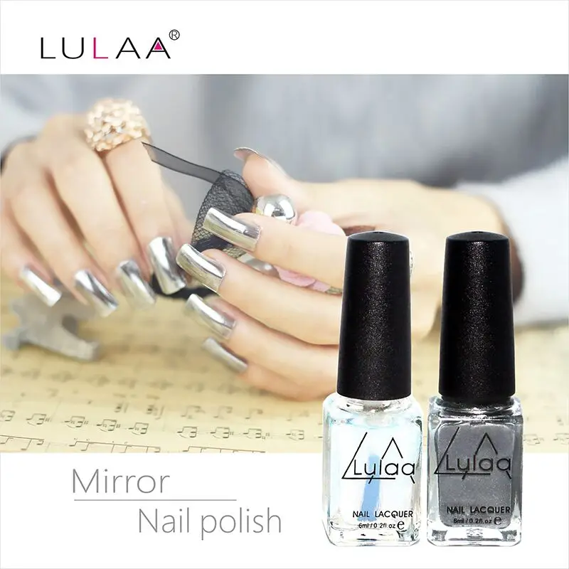 2pc/ 6ml Behind Silver Mirror Effect Metal Nail Polish Varnish Base Coat Metallic Nails Art Tips DIY Manicure Design