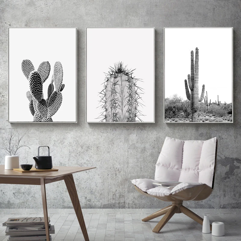 

Modern Minimalist Wall Art Succulent Cactus Canvas Painting Green Pictures Black Posters and White Prints for Living Room Decor