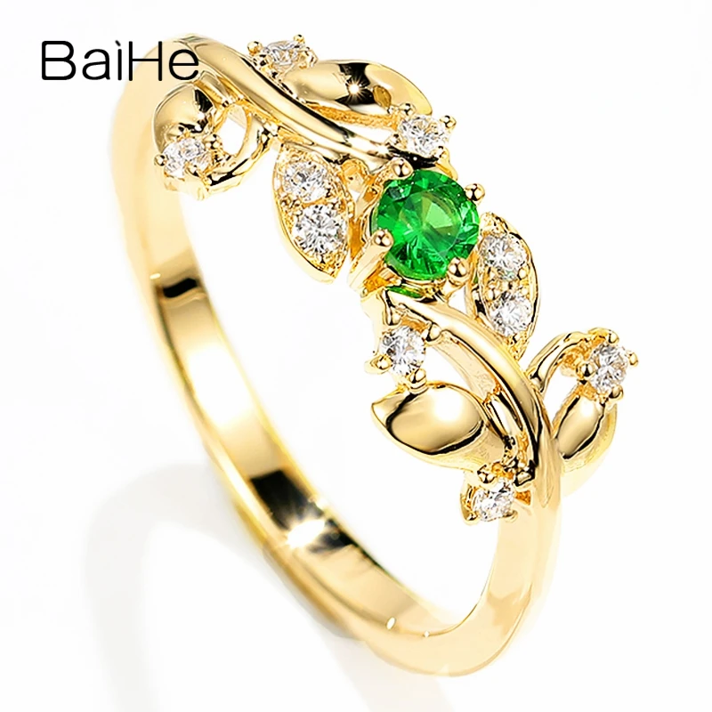 BAIHE Solid 14K Yellow Gold 0.12ct Natural Tsavorite Diamonds Wedding Women Fine Jewelry Gift Unique Diamond Ring | Украшения и