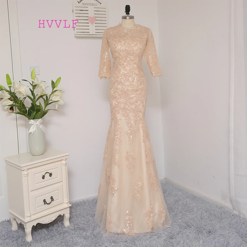 

HVVLF Champagne Evening Dresses 2019 Mermaid Half Sleeves Tulle Sequins Elegant Long Evening Gown Prom Dress Prom Gown