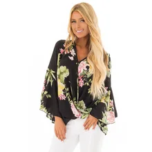 Summer 2019 Floral Printed Asymmetric Blouse Shirt Women Long Flare Sleeve Casual Shirt Sexy V-Neck Ruffles Shirts Tops attractive floral printed v neck long sleeve blouse for women