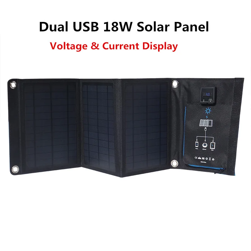 

Folding Dual USB 5V 18W Solar Panel For IOS Android Voltage & Current Display Solar Battery Smart Solar Charger