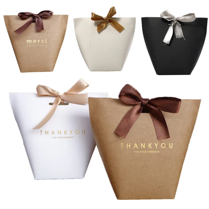 

5 pcs S L Black White Kraft Packing bag French Thank You Gift Box Birthday Party Favor Bags Wrapping Supplies Candy cookie Bag