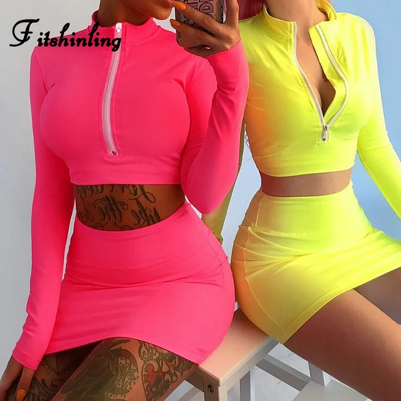 

Fitshinling Fluorescence neon tracksuit for women zipper up fitness women's sets athleisure sexy crop top skirts two pieces set