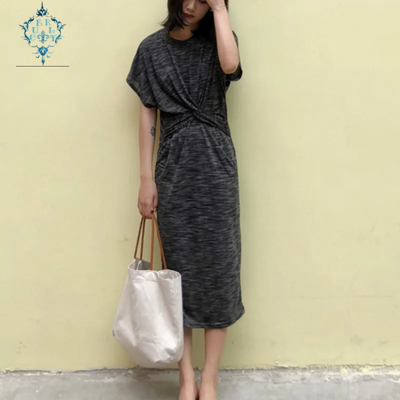 

CUERLY 2019 Modal round neck short sleeve dress Slim body Summer slim pack hip knot dress fashion women Casual pencil dresses