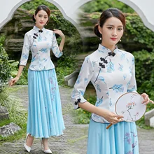 SHENG COCO атласные шелковые китайские Блузы Cheongsam стиль традиционная китайская одежда для женщин Печать Топы Ципао Vetement женский