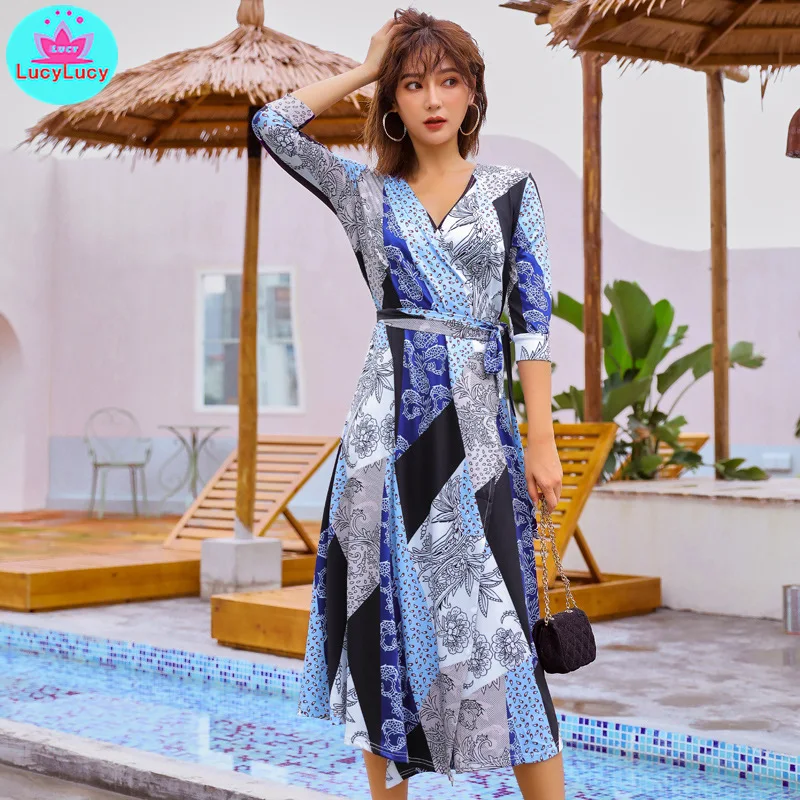 

2019 summer Korean version of the wrap with a one-piece waist slimming French knee dress V-Neck Three Quarter