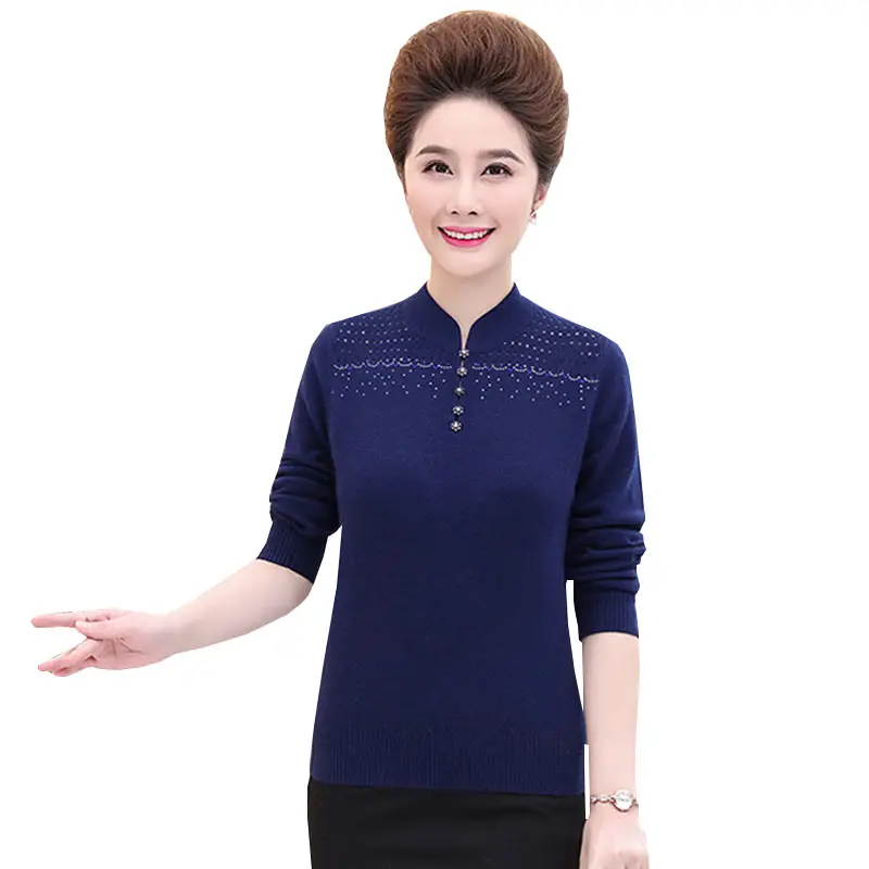

2018 New Spring Autumn Send Mom Big Size stand-Collar Wool Sweater Short Middle aged Mother Installed Warm Female Pullovers W467