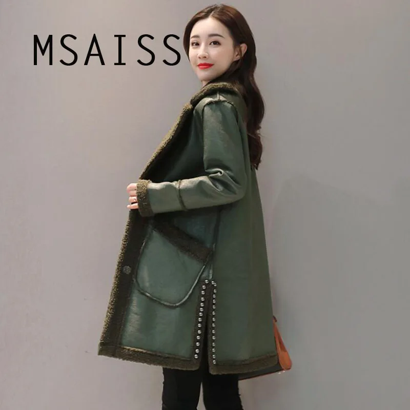 MSAISS Double-sideSheepskin Coat Women Winter Leather Jacket Brown Wine Shearling Coat Fur Collar Warm Leather Jacket Outerwear - Цвет: Армейский зеленый