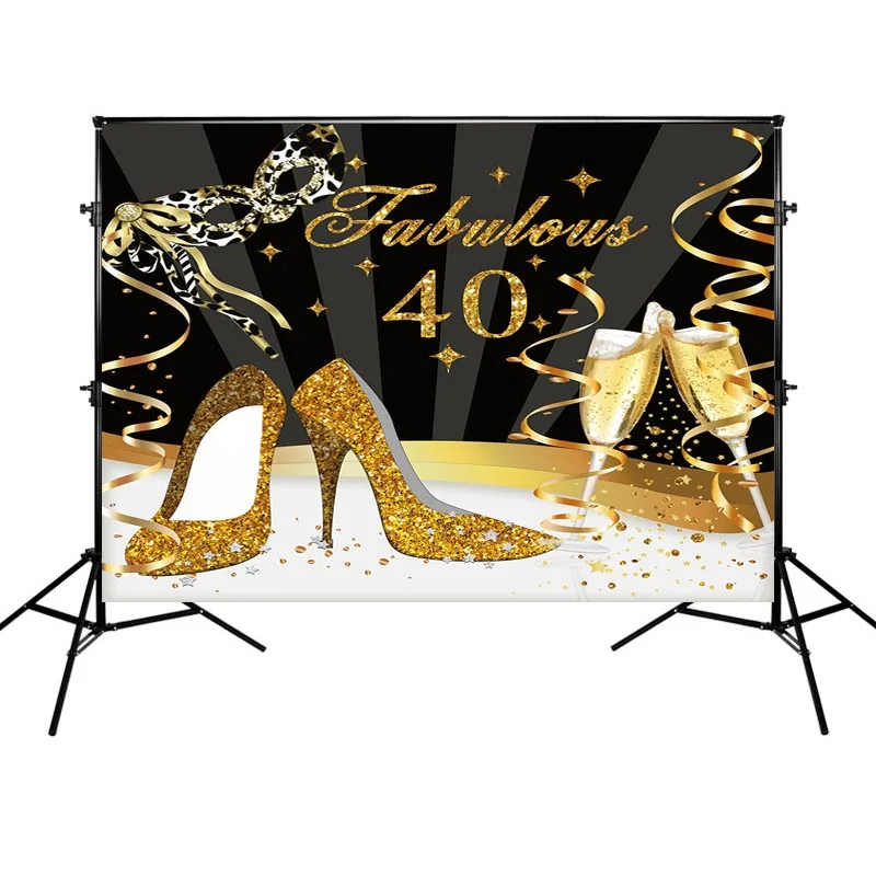 

Happy Birthday Party Background Golden High Heels Celebrate 40 Years Old Backdrop Photographic for Photo Studio