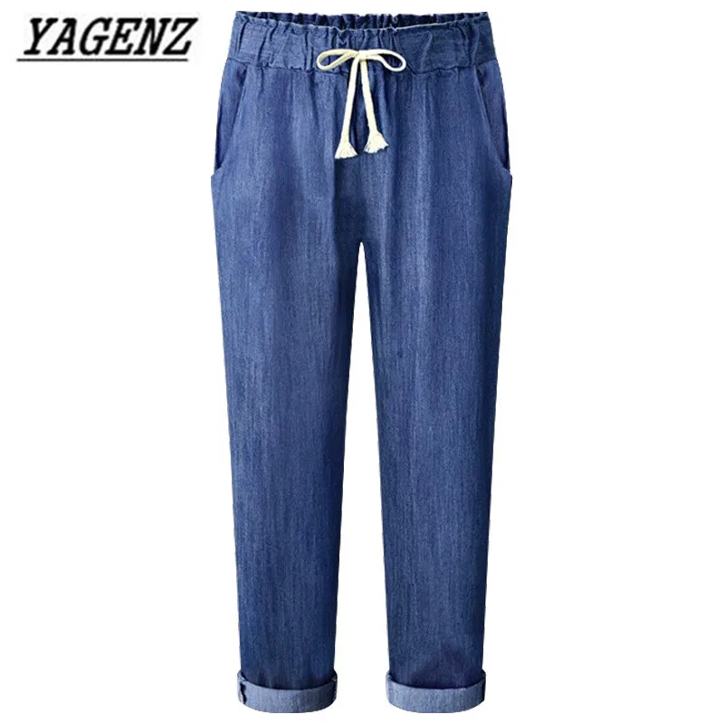 

2019 Spring/Autumn Women's Jeans Loose Elasticity Waist Large Size Lady Harlan Pants Casual Thin Denim Ankle-Length Pants 6XL