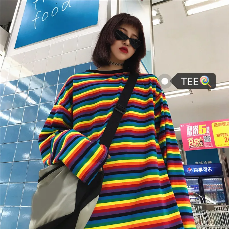 Korobov Rainbow Striped Hoodies Long Sleeve Harakuju Hoodie Female Sweatshirt Loose Women Pullover Tops 76204