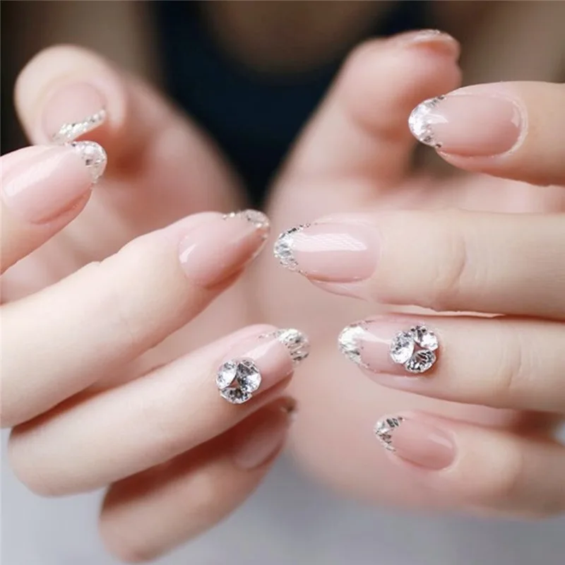 

24 Pcs/set Professional Simple Rhinestone False Nail Tips Sticker Bride Press On Fake Nail Manicure Flash Chip Tips With Glue