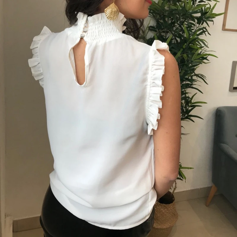 Office Ladies See Through White OL Shirt Tops 2019 Women Summer Sleeveless High Neck Blouse Women`s Sexy Retro Tops Femme Blusas