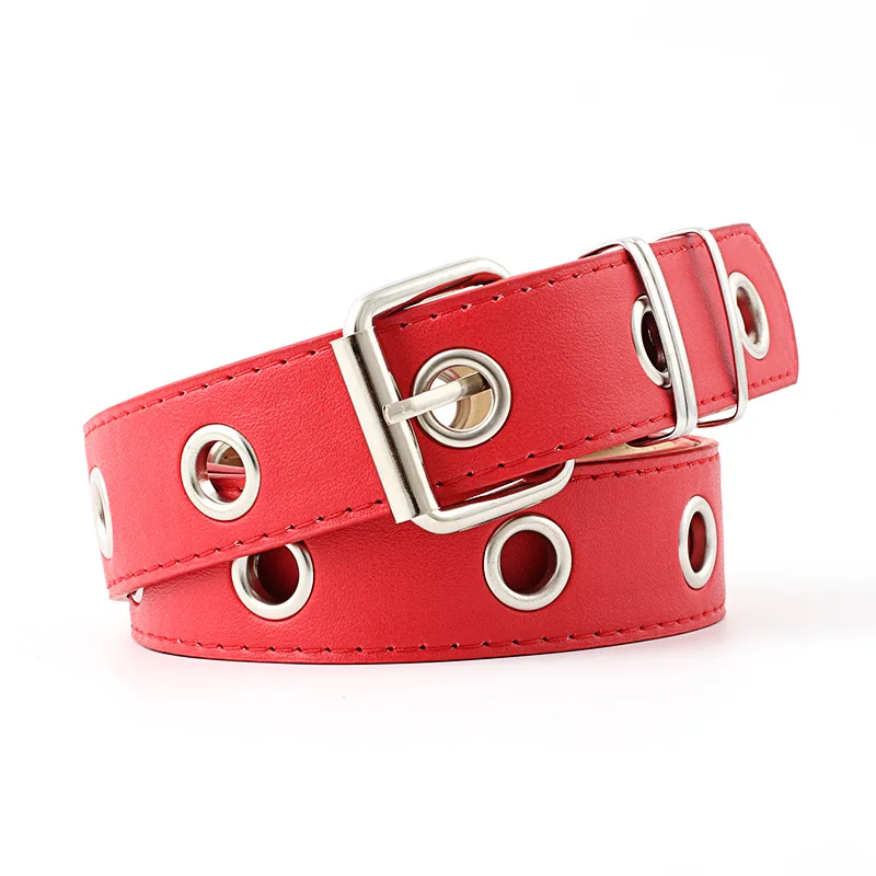 Women Punk metal chain PU leather Fashion Belt Adjustable Single Eyelet Grommet Leather Buckle Belt Multicolor selection - Цвет: red