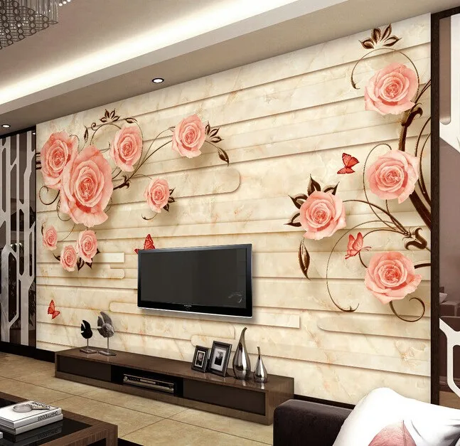 Пользовательские papel де parede 3 d, Роза мраморная плитка фрески для гостиной спальни ТВ фон стены шелковые обои