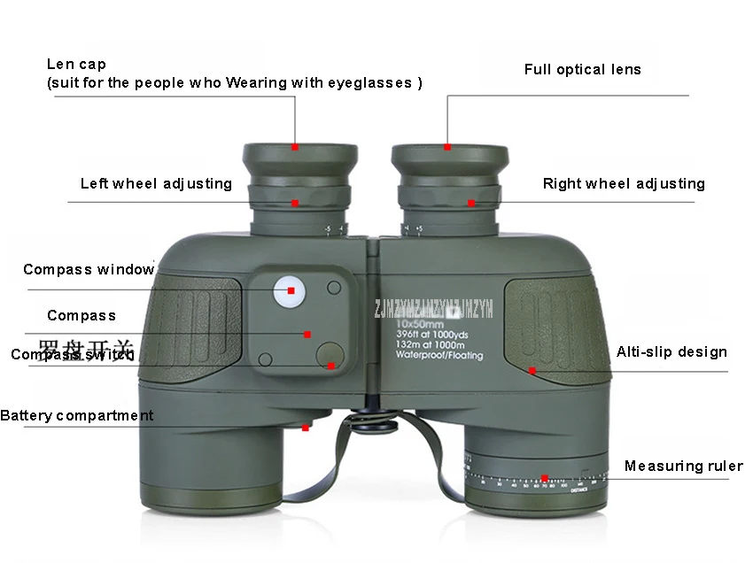 10x50 Водонепроницаемый бинокль военный морской уровень телескоп BAK4 объектив Встроенный дальномер Компас для охоты на открытом воздухе
