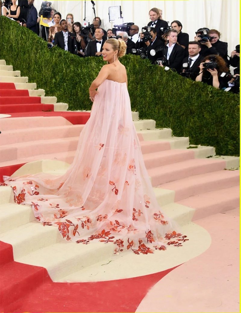 Blake Lively Dress Met Gala Pink Floral Strapless Chiffon Red Carpet