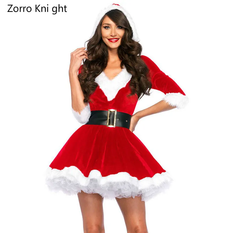 

New Arrival Christmas Dress Women Christmas Costume For Adult 2018 Red Velvet Fur Dresses Hooded Sexy Female Santa Claus Costume