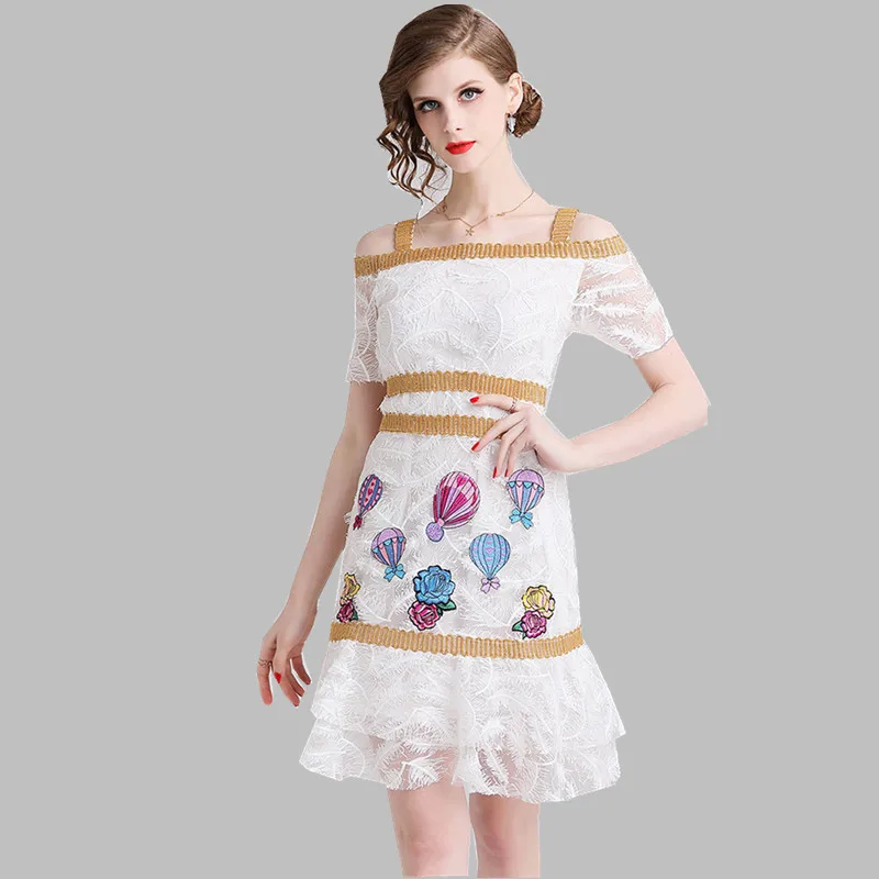 

HAMALIEL Summer Slash Neck Feather Mermaid Party Dress Runway Women Embroidery Floral Balloon Ruffles Dress Fashion Vestidos