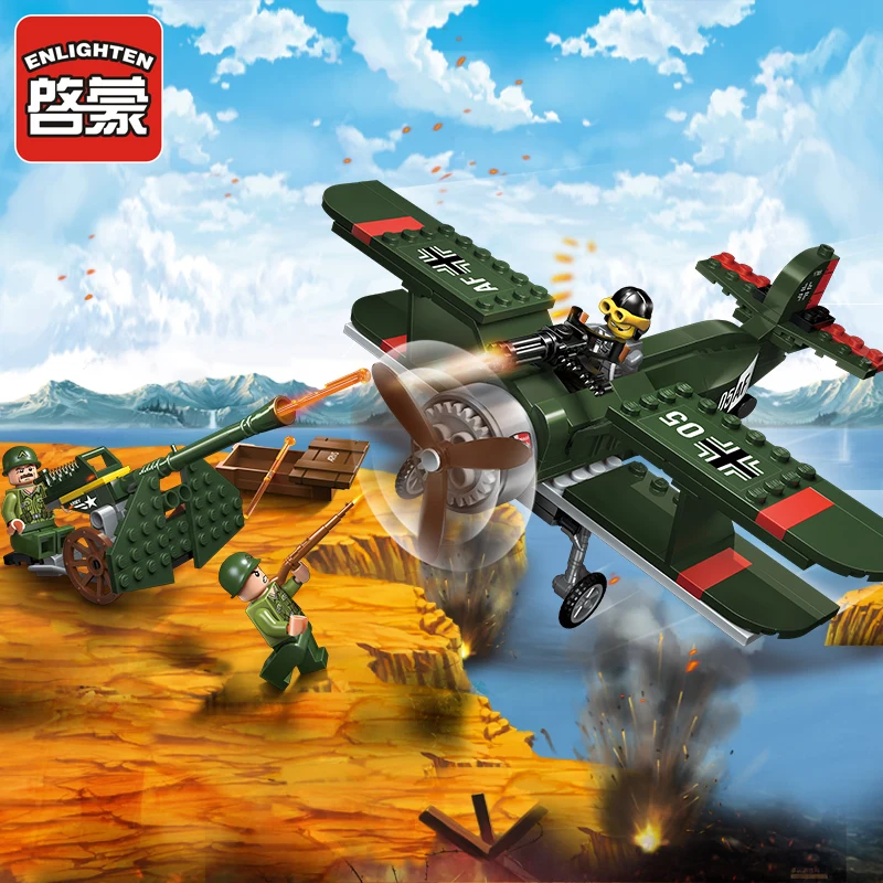 

ENLIGHTEN 1705 WW2 Military Air Defence Biplane Fighter Howitzer Figure Blocks Compatible Legoe Building Toys For Children