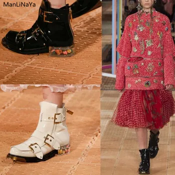 

Brand Design Buckle Rivet Women Ankle Boots Round Toe Transparent Flower Women Motorcycle Boots Floral Runway Female Martin Boot