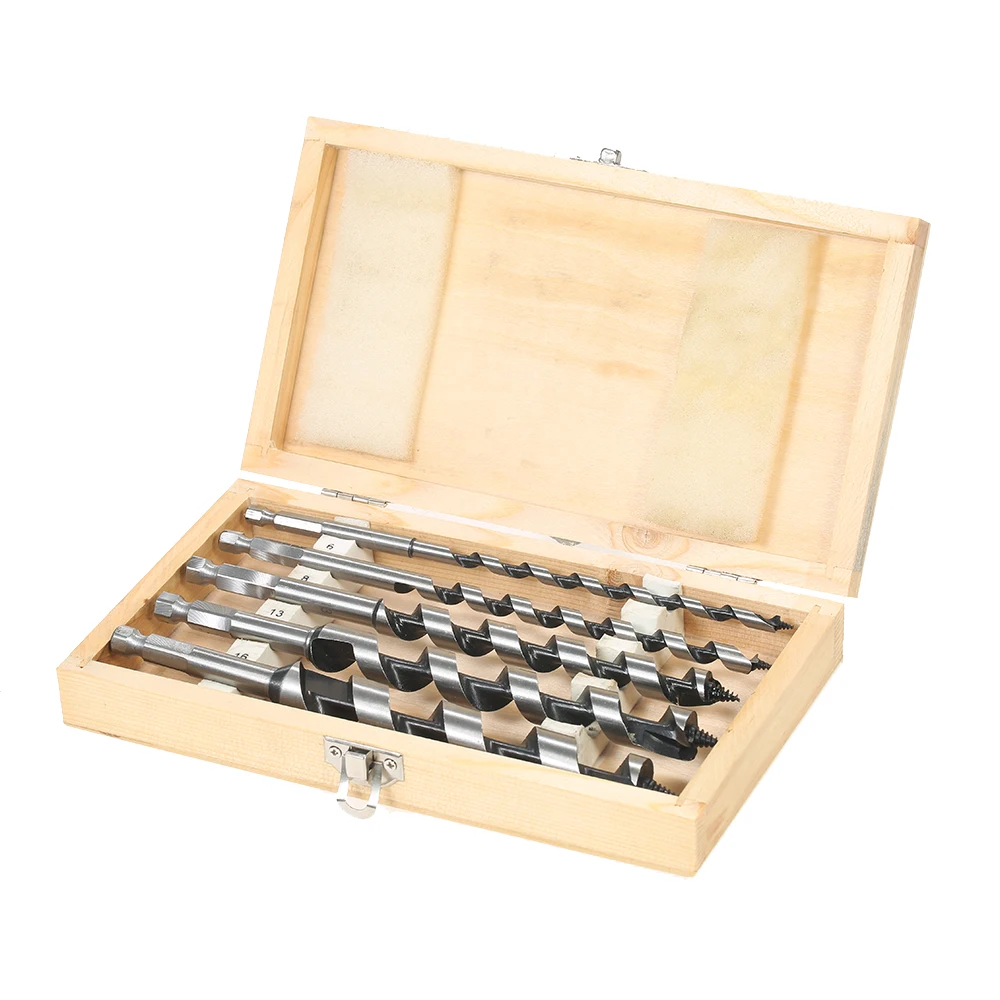 

5PCS 200mm Super Long Woodworking Auger Bits Set Quick Change Hexagonal Shank Auger Drill Bit Quality Power Tools + Storage Box